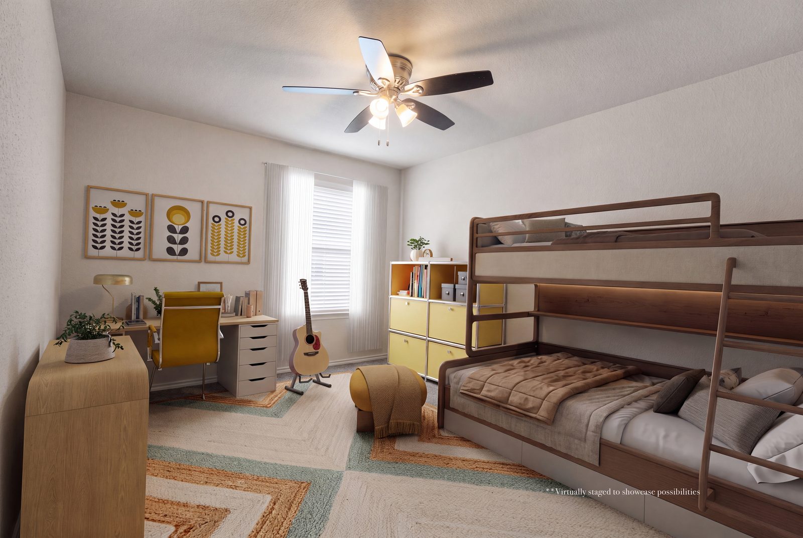 Bedroom virtually staged with bunk beds, desk and storage