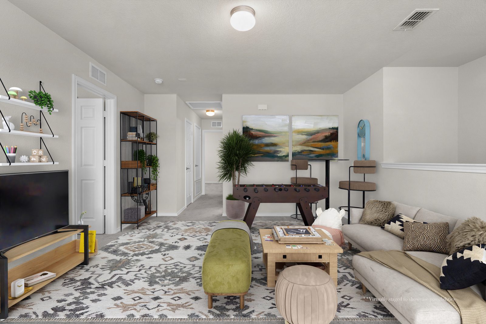 Upstairs landing virtually staged as a game room with sofa and foosball table